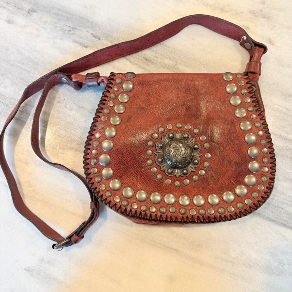Patricia Nash Burgundy Leather Western Crossbody Satchel Concho
